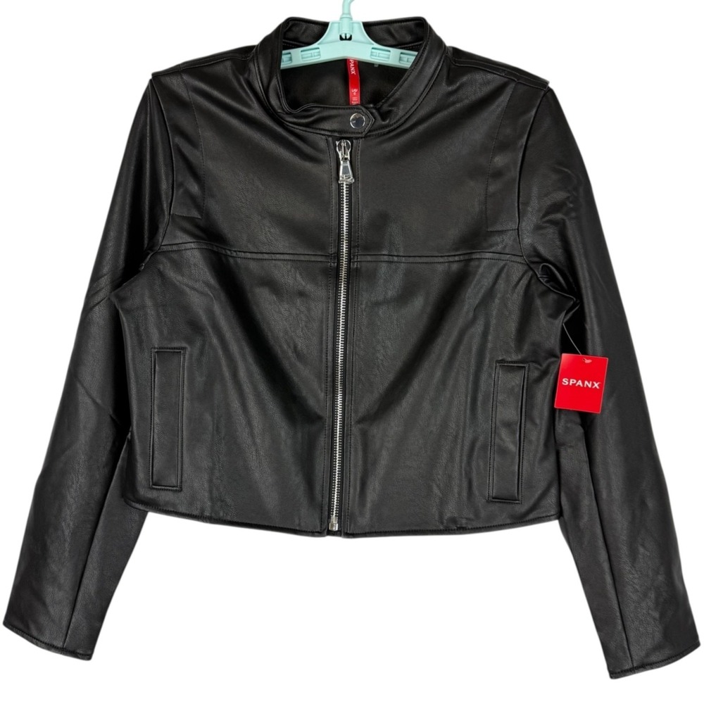 Spanx Women's Black Faux Leather Moto Jacket Size Large NWT – Sleek Edgy Style - Picture 1 of 11